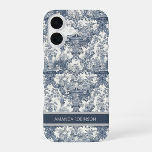 Coque iPhone 16 Toile de Jouy damask monogram bleu vintage françai