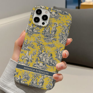 Coque iPhone 16 Toile de Jouy jaune moutarde florale vintage 