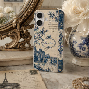 Coque iPhone 16 Toile de Jouy Monogramme Français