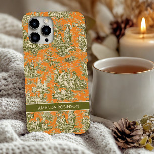 Coque iPhone 16 Toile de Jouy vintage florale olive orange