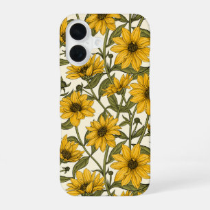 Coque iPhone 16 Tournesol sauvage sur fond blanc cassé