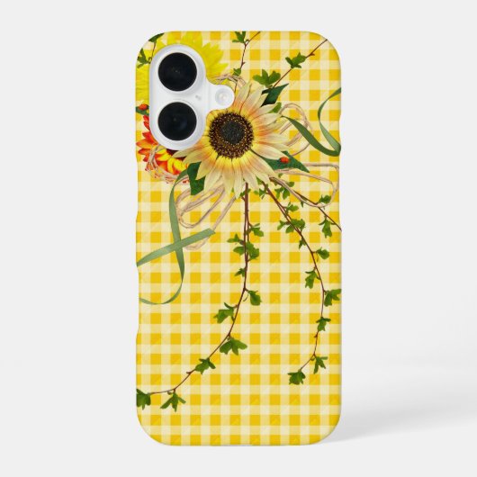 Coque iPhone 16 Tournesols sur gingham jaune (Verso)