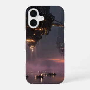 Coque iPhone 16 Tours futuristes flottant au-dessus du port
