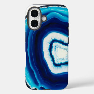 Coque iPhone 16 Tranche d'Agate Bleue Abstrait