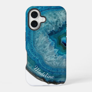 Coque iPhone 16 Tranche de géode bleu cristal   Personnalisé 