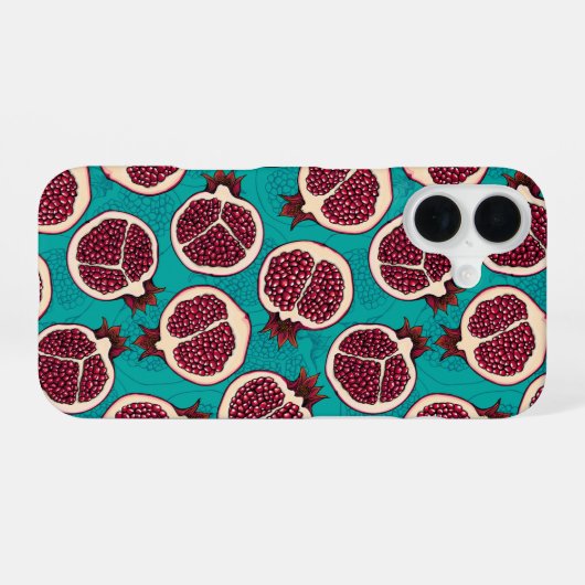 Coque iPhone 16 Tranches de grenade sur turquoise (Verso Horizontal)