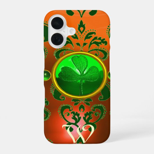 COQUE iPhone 16 TRÈFLE DE LA SAINT PATRICK ORANGE VERT DAMAS MONOG (Verso)