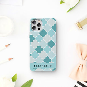 Coque iPhone 16 Trellis Marocain Bleu, Quatrefeuilles, Votre Nom
