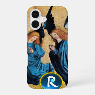 COQUE iPhone 16 TROIS ANGES DE NOËL EN MONOGRAMME DE GEMME BLEUE