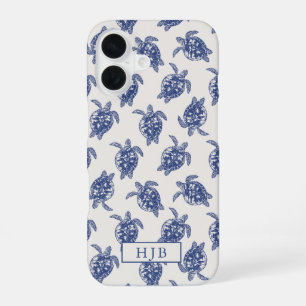 Coque iPhone 16 Tropical Sea Turtle Blue Sketch Monogramme iPhone