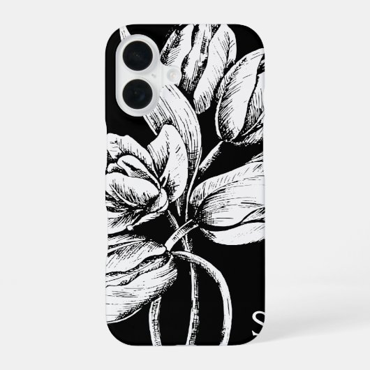 Coque iPhone 16 Tulipes blanches à monogramme sur fond noir (Verso)