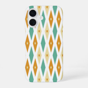 Coque iPhone 16 Turquoise Orange Crème Diamants Étoiles Midcentury