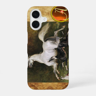 Coque iPhone 16 Un étalon arabe gris galopant avec monogramme de c