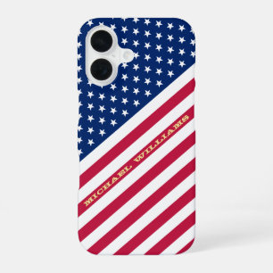 Coque iPhone 16 USA Drapeau Rouge Bleu Blanc Étoiles Rayures Monog