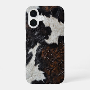 Coque iPhone 16 Vache en cuir à outils Faux tachée fourrure cachée
