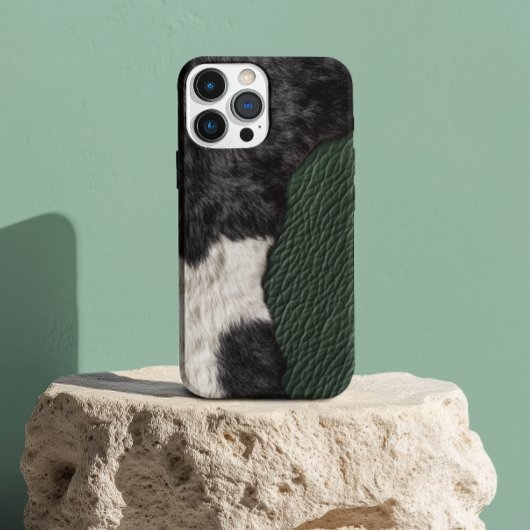 Coque iPhone 16 Vache en cuir vert Faux tachée fourrure cachée