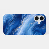 Coque iPhone 16 Vagues de marbre bleu Luxe Abstrait (Verso Horizontal)