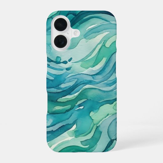 Coque iPhone 16 Vagues océaniques à l'aquarelle sarcelle (Verso)