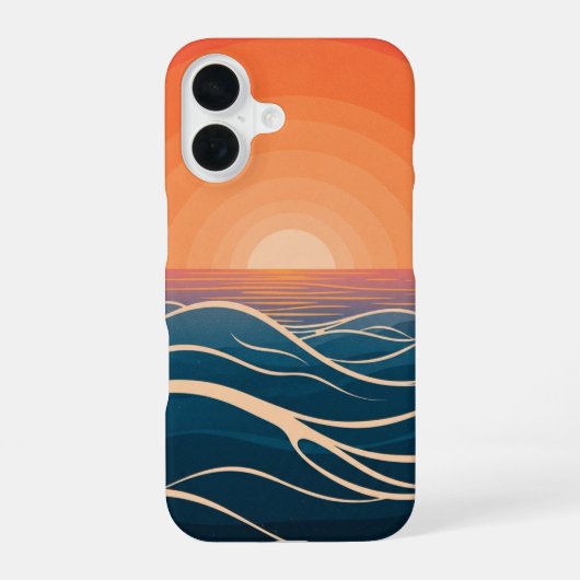 Coque iPhone 16 Vagues Rétro au Coucher du Soleil sur l'Océan (Verso)