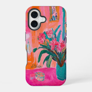 Coque iPhone 16 Vase fauviste vibrante de fleurs roses