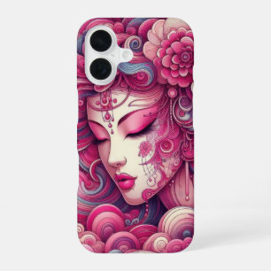 Coque iPhone 16 Vecteur oriental ondes fractales roses de Geisha a