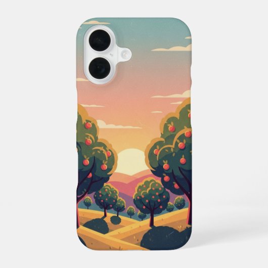 Coque iPhone 16 Verger au Coucher de Soleil Rétro (Verso)
