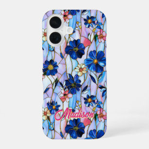 Coque iPhone 16 Verre Artisanal Bleu Fleur Botanique Vitrail