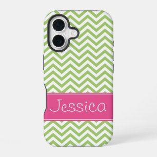 Coque iPhone 16 Vert Chevron Chic Rose Personnalisé