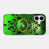 Coque iPhone 16 VERT ÉMERAUDE NOIR DAMAS GEM MONOGRAMME Floral (Verso Horizontal)