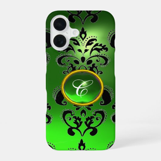 Coque iPhone 16 VERT ÉMERAUDE NOIR DAMAS GEM MONOGRAMME Floral (Verso)