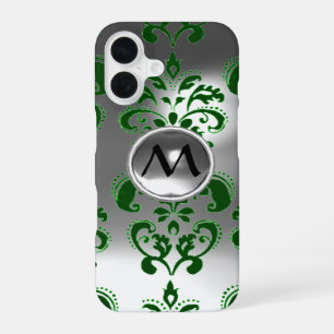 Coque iPhone 16 VERT GRIS BLANC DAMASK GEMSTONE MONOGRAM Floral