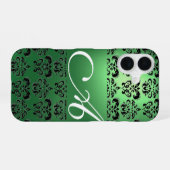 Coque iPhone 16 VERT NOIR DAMAS MONOGRAMME Floral (Verso Horizontal)