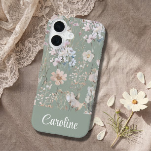 Coque iPhone 16 Vert sauge floral personnalisé