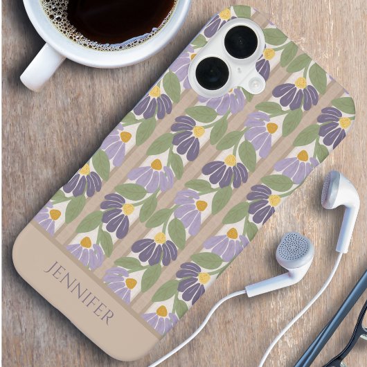 Coque iPhone 16 Vertical Floral Personalized Name Phone Case