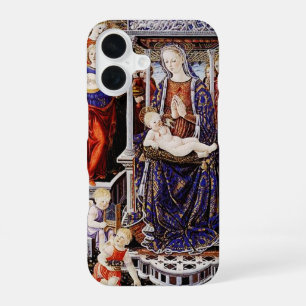 Coque iPhone 16 Vierge et Enfant enthronisés avec Ange musicien