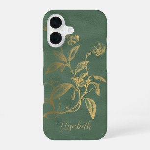Coque iPhone 16 Vintage fleuri or vert nom personnalisé