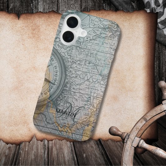 Coque iPhone 16 Vintage Map Compass Monogram