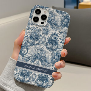 Coque iPhone 16 Vintage rétro floral bleu toile de Jouy sans coutu