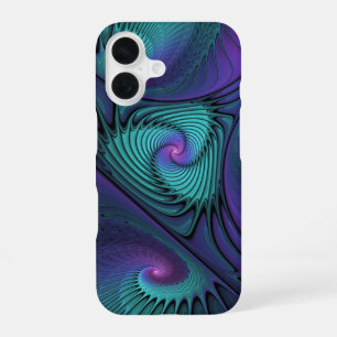 Coque iPhone 16 Violet rencontre Turquoise moderne art fractal abs