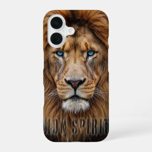 Coque iPhone 16 Visage de lion majestueux aux yeux bleus Faune A