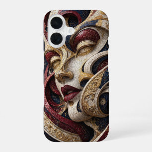 Coque iPhone 16 Visage Mosaïque Bourgogne Nuit Ivoire Or