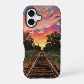 Coque iPhone 16 voie ferroviaire du coucher du soleil