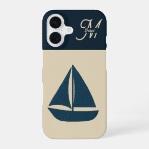 Coque iPhone 16 voilier bleu marine & Monogramme Beige Maison côti