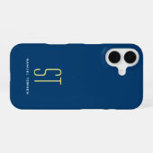 Coque iPhone 16 Votre nom moderne simple bleu jaune monogramme (Verso Horizontal)