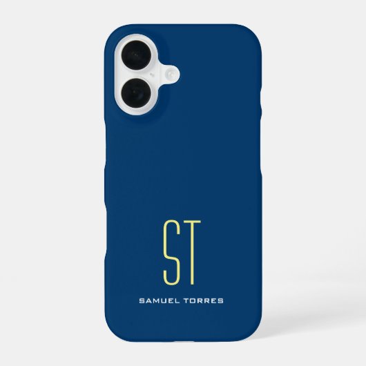 Coque iPhone 16 Votre nom moderne simple bleu jaune monogramme (Verso)