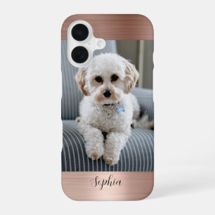 Coque iPhone 16 Votre photo, métal de rose faux et nom en écriture