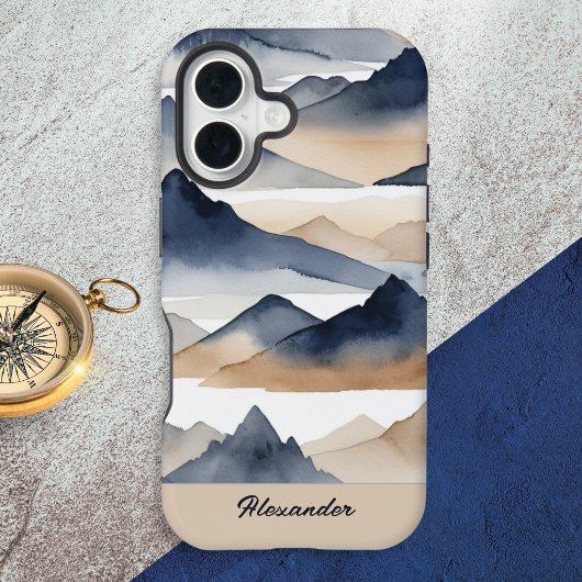 Coque iPhone 16 Watercolor Mountains Personalized Name