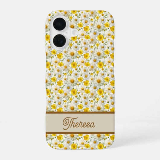 Coque iPhone 16 Yellow Wildflowers Pattern Monogram Name (Verso)
