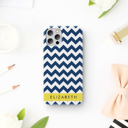 Coque iPhone 16 Zigzag Bleu Marine, Chevron Bleu Marine, Votre Nom