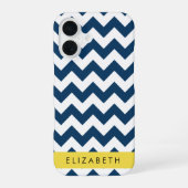 Coque iPhone 16 Zigzag Bleu Marine, Chevron Bleu Marine, Votre Nom (Verso)